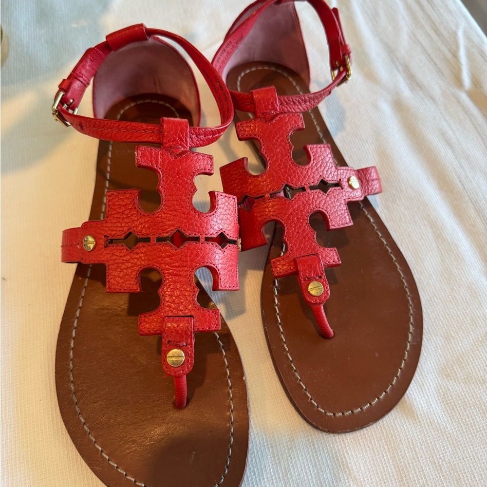 Red Tory Burch Leather Sandals with Gold Accents